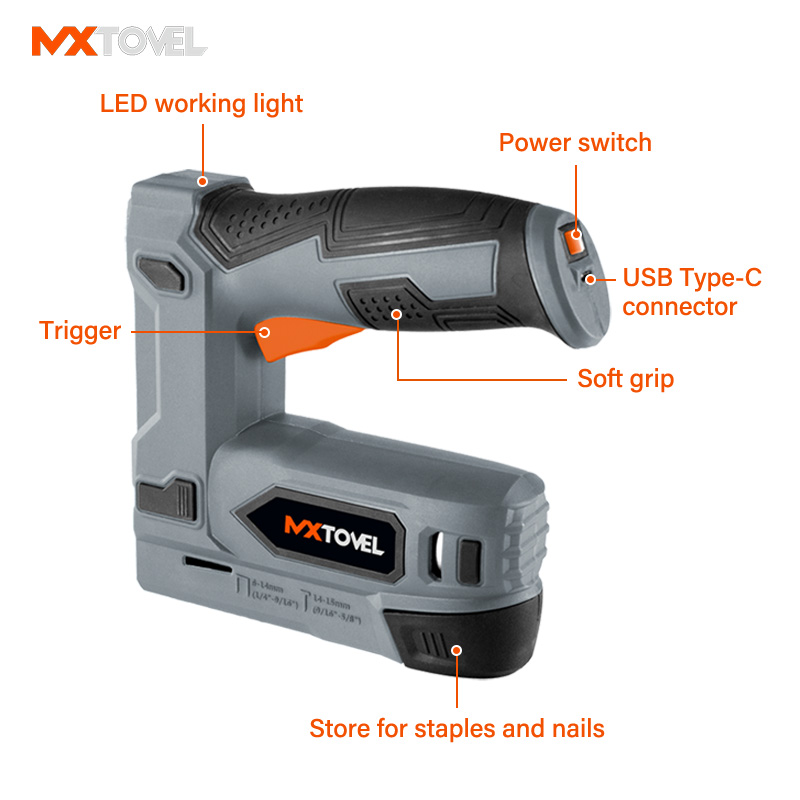 4V Li-ion Battery Cordless Tacker Staple Gun Nail Gun with USB Charger